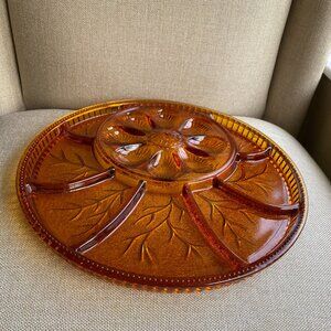 Vintage 13" Amber Indiana Glass Tree of Life deviled egg relish Tray